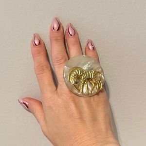 Vintage Large Gold Plated Zebra Wood Plastic Ring